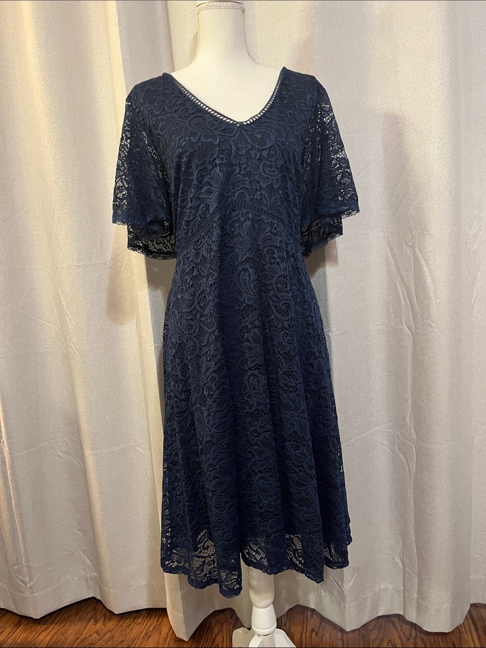 Classic Navy Blue Lace V-Neck Women’s Dress
